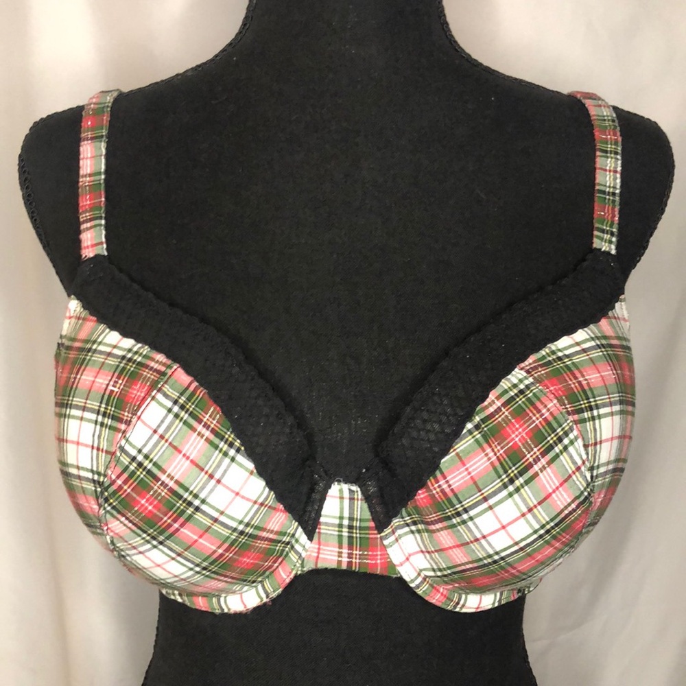 VICTORIA’S SECRET red, black, white plaid lightly padded bra. Size 38 C.